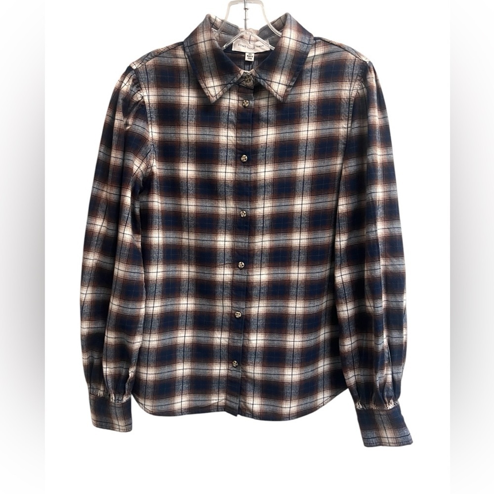 SOMETHING NAVY Women’s Navy Combo Plaid Button Down Shirt - size XS - NWT